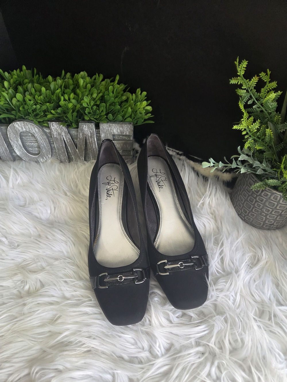 Life Stride Gazette Black Square-Toe Wedge Flats with Buckle Accent. Size 8.5